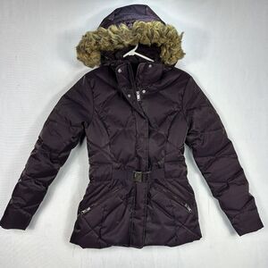NORTH FACE Metrolina Jacket Women Small Metallic Purple Goose Down Belted Hooded